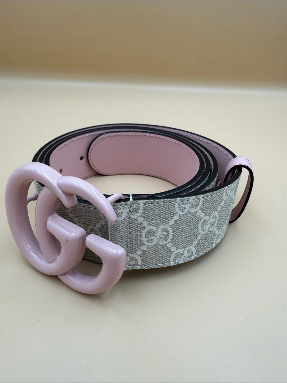 Gucci GG Marmont Pink Double G Belt Beige GG Supreme Canvas Pink Leather  110